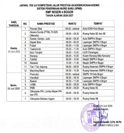 JADWAL UJI KOMPETENSI JALUR PRESTASI AKADEMIK/NONAKADEMIK SPMB SMP NEGERI 4 BOGOR TAHUN AJARAN 2026-2027